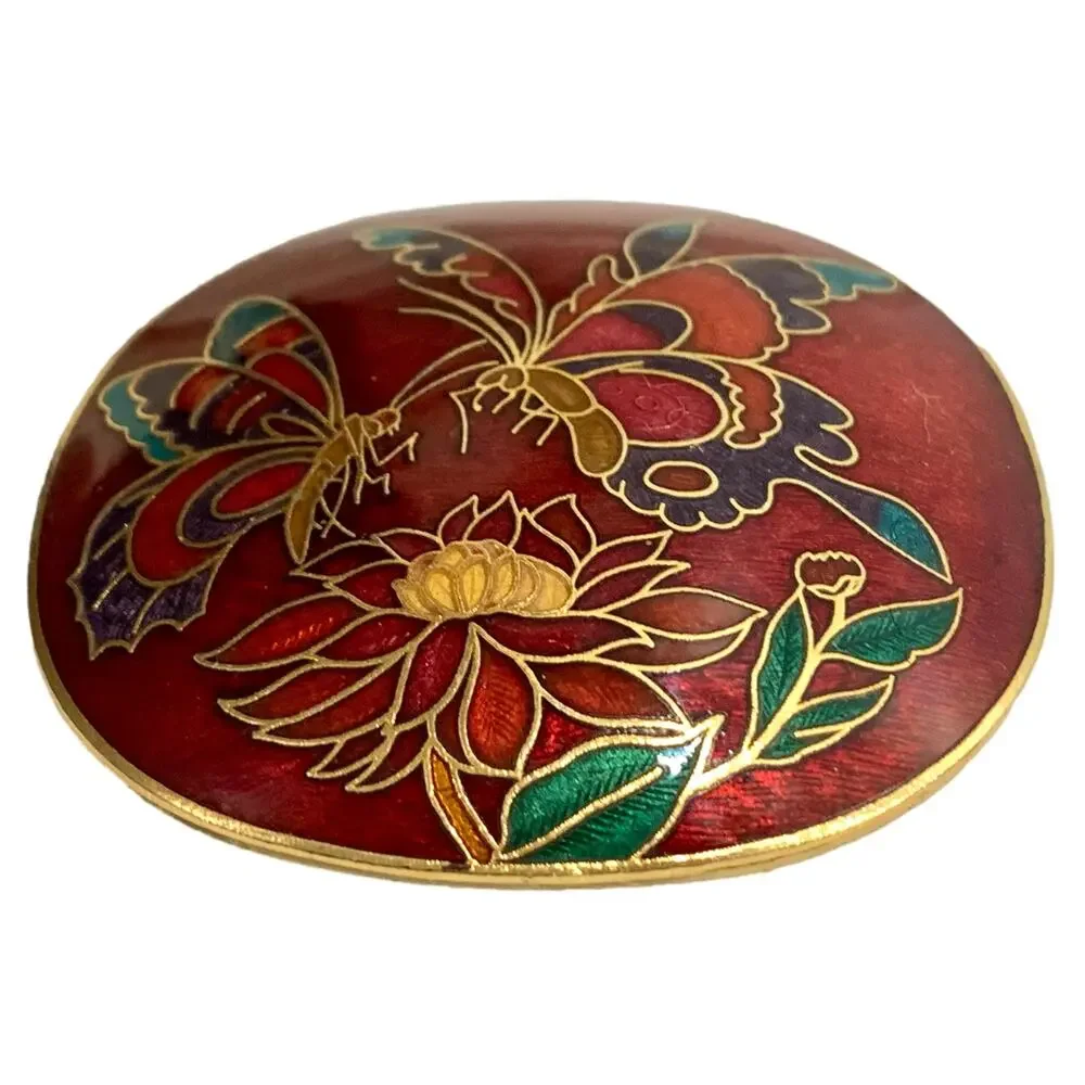 70s Cloisonné Belt Buckle | Red and Gold Butterfly & Flowers | 2.25
